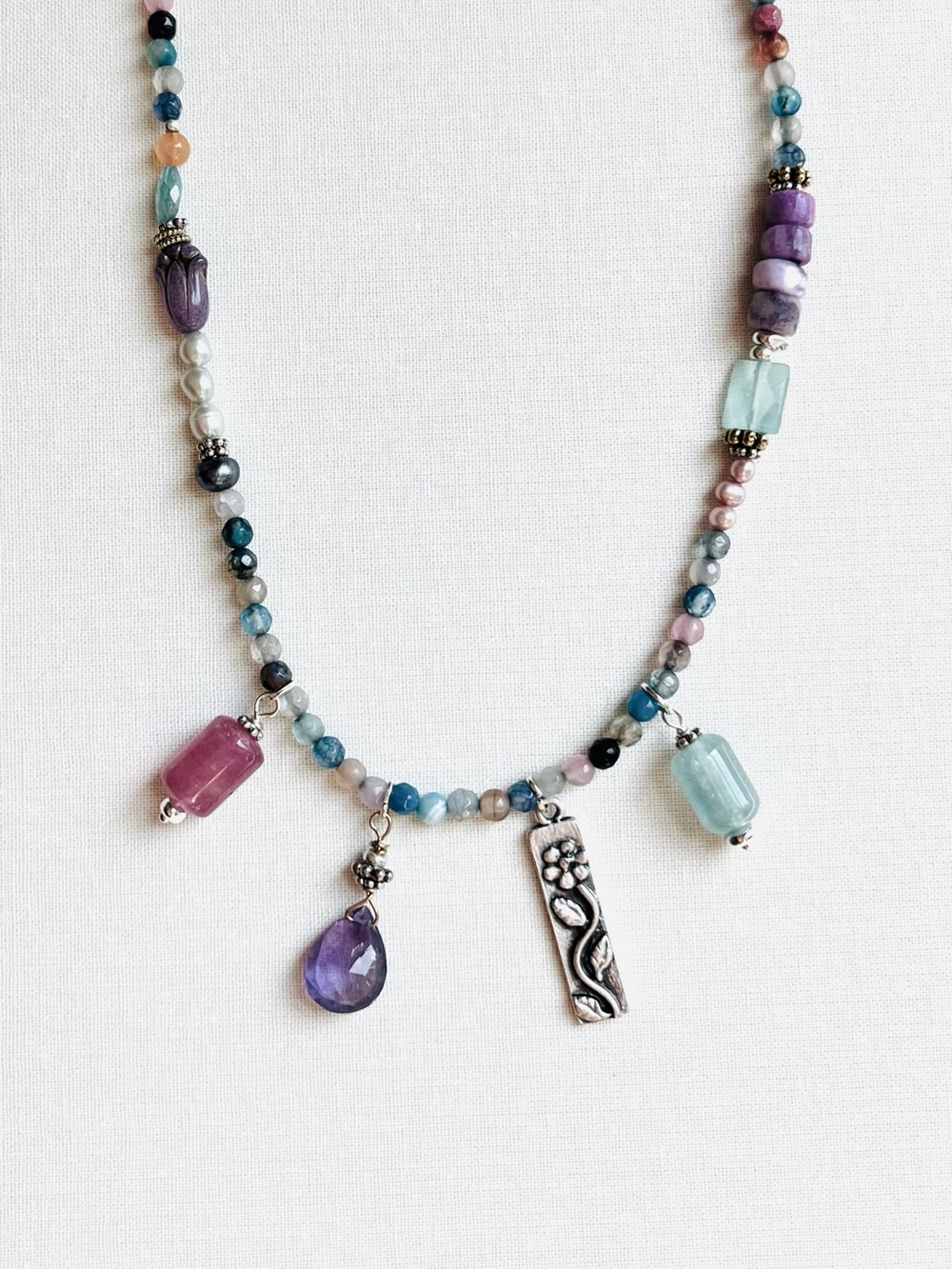 NWOT Handmade Multicolor Beaded Necklace with Floral Silver Charm